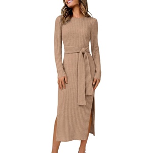 ANRABESS Womens Long Sleeve Midi Sweater Dress Bodycon Fall Dresses(Tan)