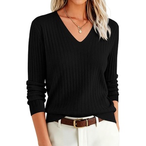 ANRABESS Women’s Long Sleeve V Neck Ribbed Sweaters Shirts(Black)