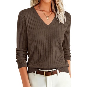 ANRABESS Women’s Long Sleeve V Neck Ribbed Sweaters Shirts(Brown)