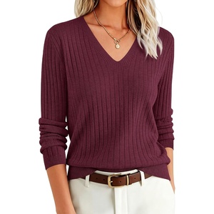 ANRABESS Women’s Long Sleeve V Neck Ribbed Sweaters Shirts(Drak Red)