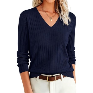 ANRABESS Women’s Long Sleeve V Neck Ribbed Sweaters Shirts(Navy Blue)