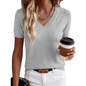ANRABESS Womens Short Sleeve Sweater Top Wool Blend Business Casual Outfits(Light Grey)