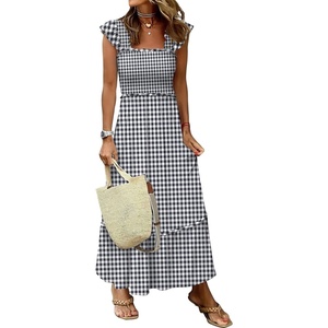 ANRABESS Womens Summer Sleeveless Maxi Dress Square Neck Smocked Boho Casual Ruffle Strap Flowy A-Line Long Beach Sundress(Black Plaid)