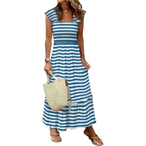 ANRABESS Womens Summer Sleeveless Maxi Dress Square Neck Smocked Boho Casual Ruffle Strap Flowy A-Line Long Beach Sundress(Blue White Stripes)