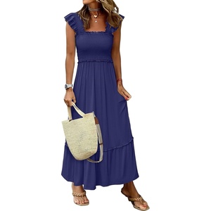 ANRABESS Womens Summer Sleeveless Maxi Dress Square Neck Smocked Boho Casual Ruffle Strap Flowy A-Line Long Beach Sundress(Navy Blue)