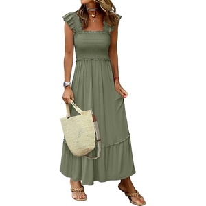 ANRABESS Womens Summer Sleeveless Maxi Dress Square Neck Smocked Boho Casual Ruffle Strap Flowy A-Line Long Beach Sundress(Olive)