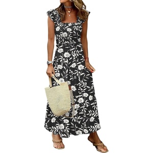 ANRABESS Womens Summer Sleeveless Maxi Dress Square Neck Smocked Boho Casual Ruffle Strap Flowy A-Line Long Beach Sundress(Print Black Floral)