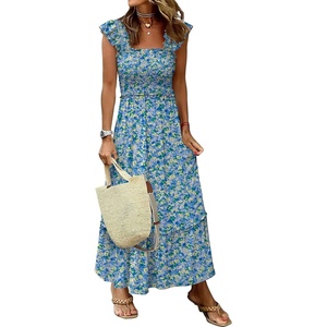 ANRABESS Womens Summer Sleeveless Maxi Dress Square Neck Smocked Boho Casual Ruffle Strap Flowy A-Line Long Beach Sundress(Print Blue Yellow Floral)