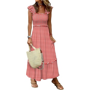 ANRABESS Womens Summer Sleeveless Maxi Dress Square Neck Smocked Boho Casual Ruffle Strap Flowy A-Line Long Beach Sundress(Red Plaid)