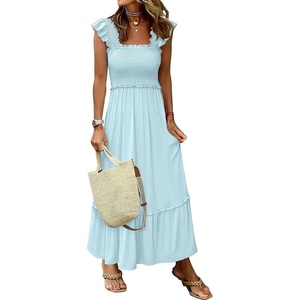 ANRABESS Womens Summer Sleeveless Maxi Dress Square Neck Smocked Boho Casual Ruffle Strap Flowy A-Line Long Beach Sundress(Sky Blue)