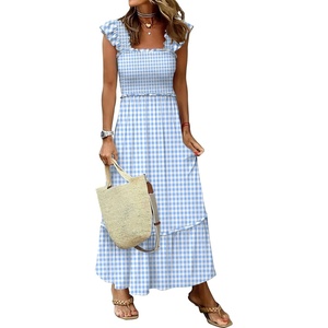 ANRABESS Womens Summer Sleeveless Maxi Dress Square Neck Smocked Boho Casual Ruffle Strap Flowy A-Line Long Beach Sundress(Sky Blue Plaid)