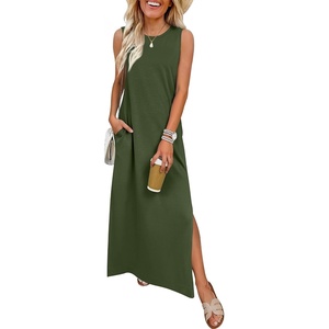ANRABESS Womens Wrinkle Free Summer Sundress Sleeveless Maxi Dress &Pockets(Army Green)
