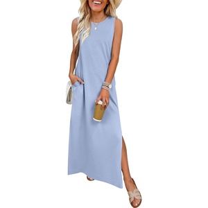 ANRABESS Womens Wrinkle Free Summer Sundress Sleeveless Maxi Dress &Pockets(Light Blue)