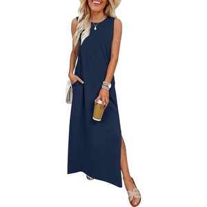 ANRABESS Womens Wrinkle Free Summer Sundress Sleeveless Maxi Dress &Pockets(Navy Blue)