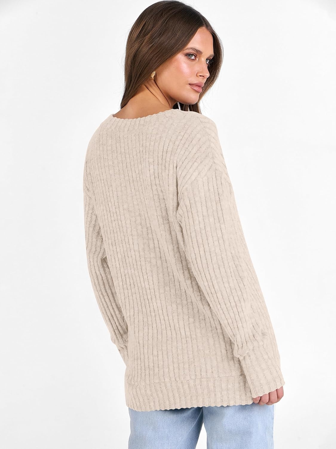 image:imageANRABESS Ribbed V Neck Long Sleeve Shirts for WomenBeige