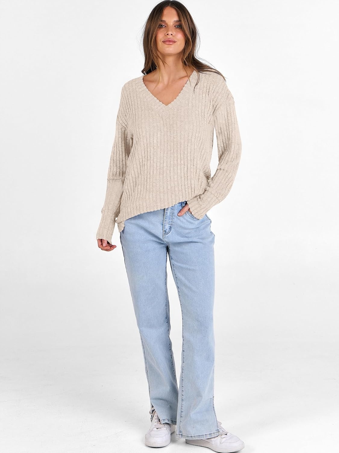 image:imageANRABESS Ribbed V Neck Long Sleeve Shirts for WomenBeige