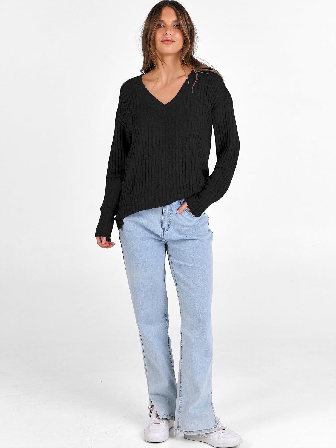 image:imageANRABESS Ribbed V Neck Long Sleeve Shirts for WomenBlack
