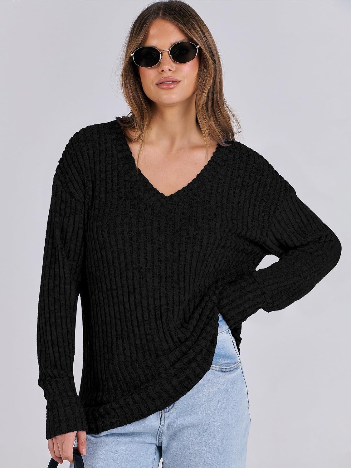 image:imageANRABESS Ribbed V Neck Long Sleeve Shirts for WomenBlack