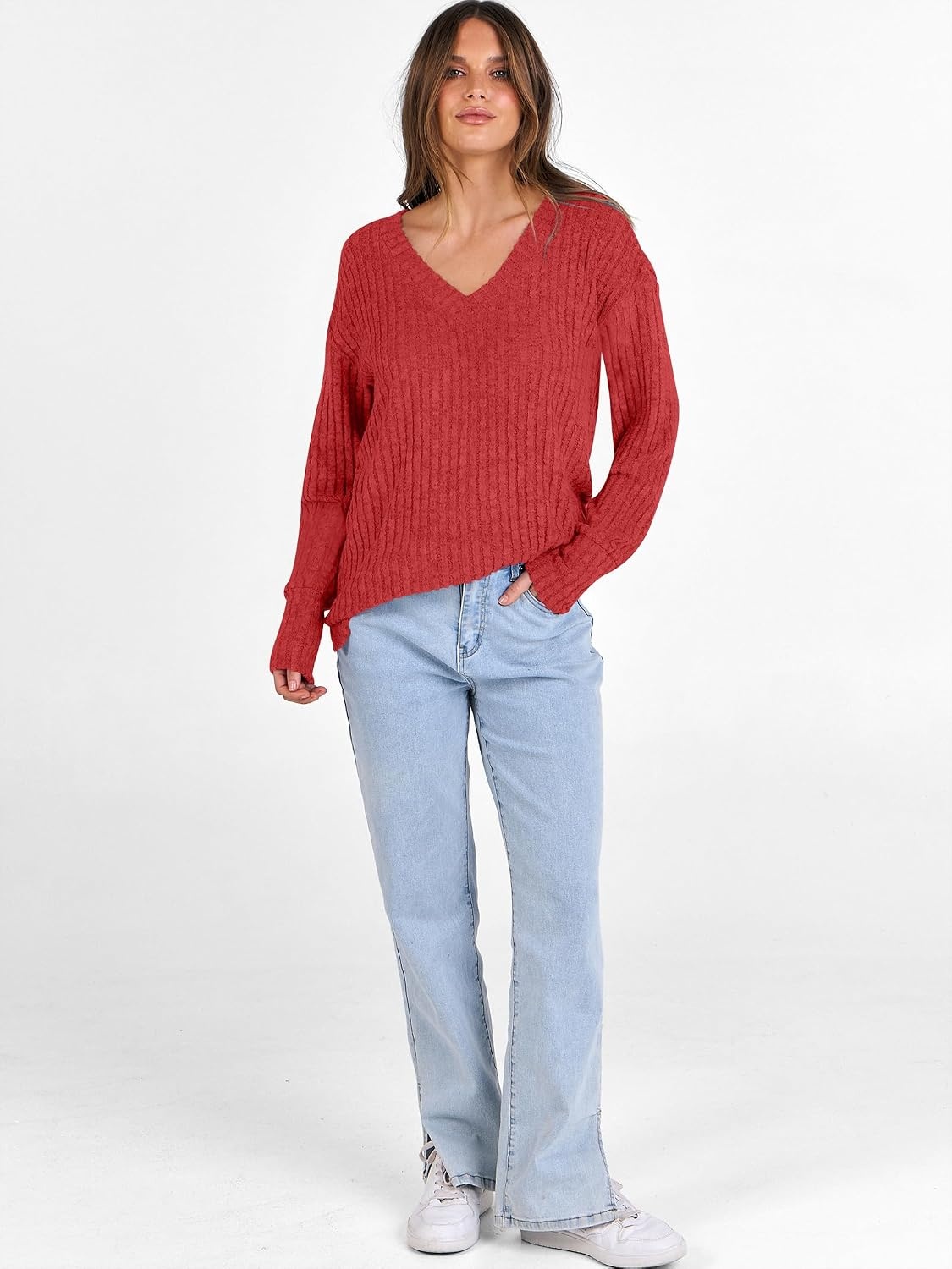 image:imageANRABESS Ribbed V Neck Long Sleeve Shirts for WomenBright Red