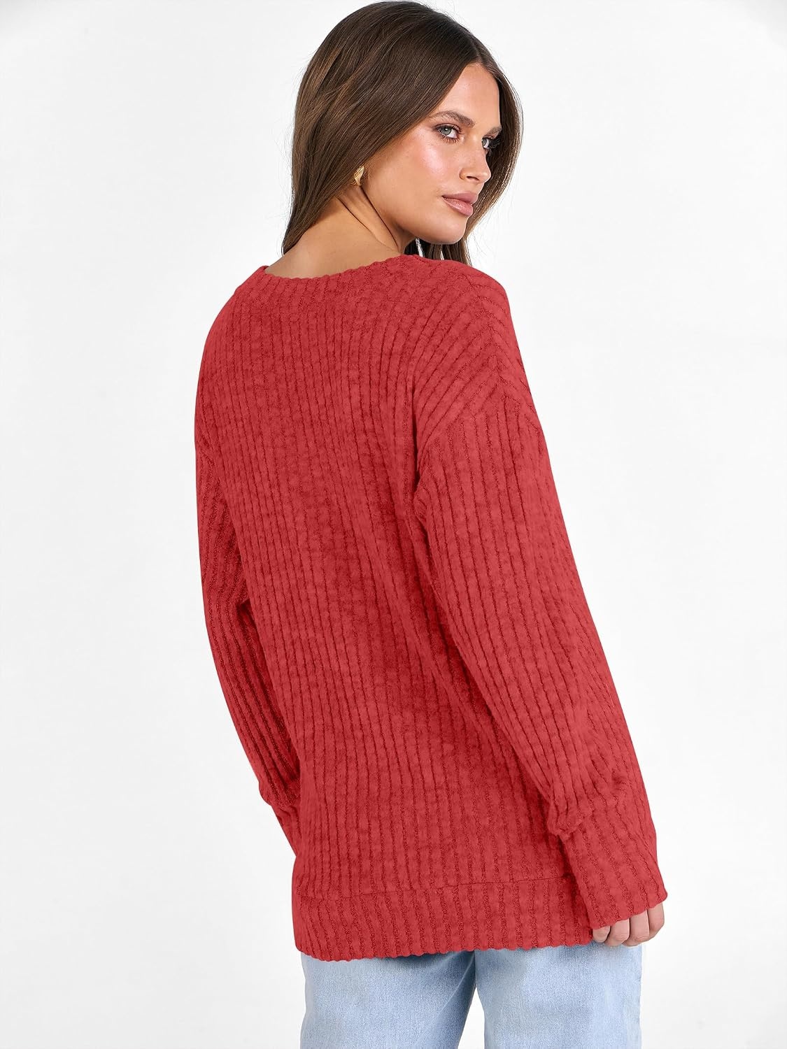 image:imageANRABESS Ribbed V Neck Long Sleeve Shirts for WomenBright Red
