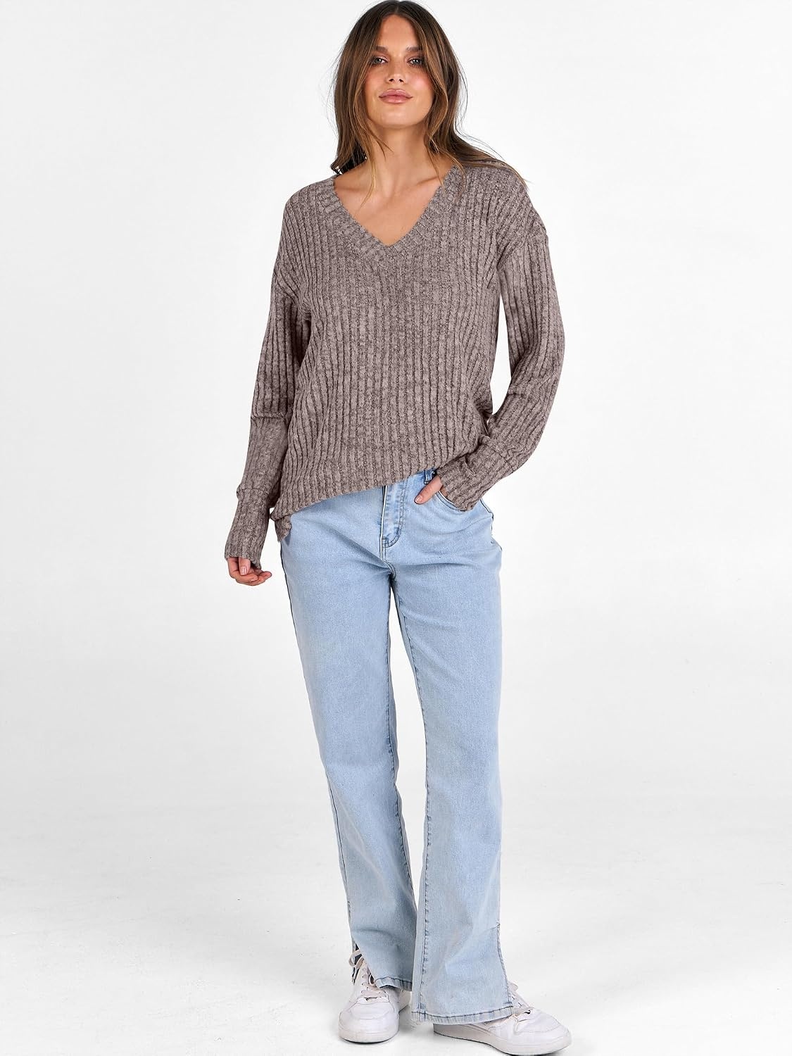 image:imageANRABESS Ribbed V Neck Long Sleeve Shirts for WomenCoffee