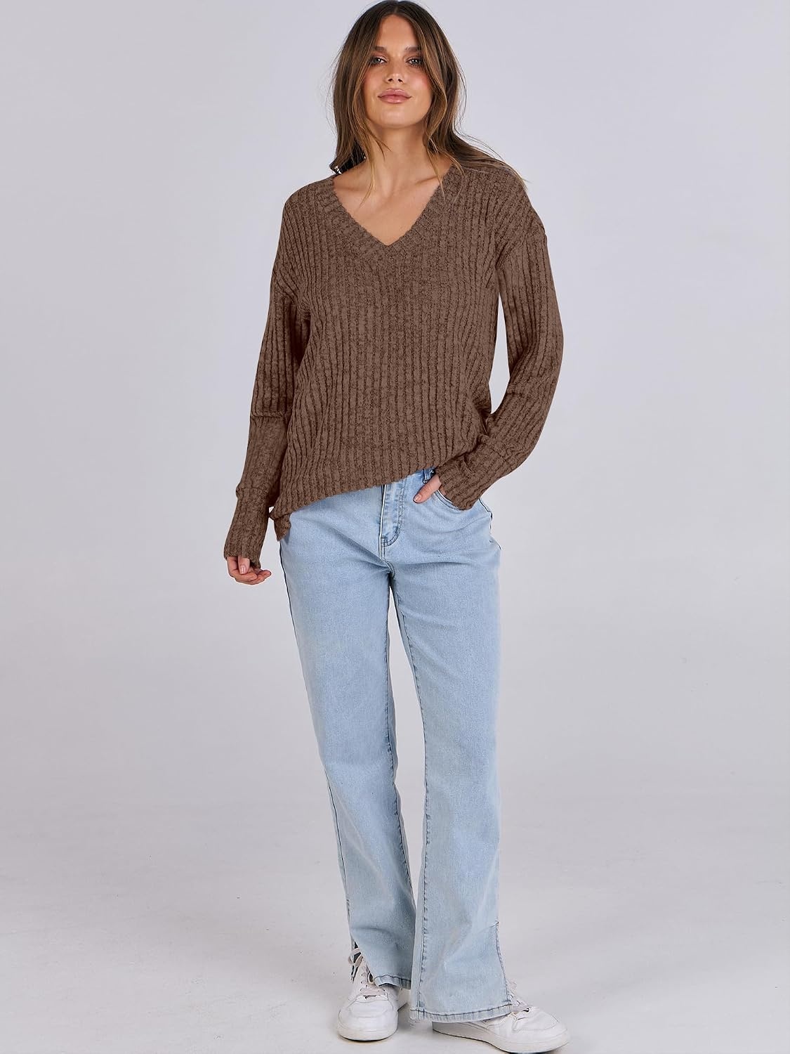 image:imageANRABESS Ribbed V Neck Long Sleeve Shirts for WomenDark Brown