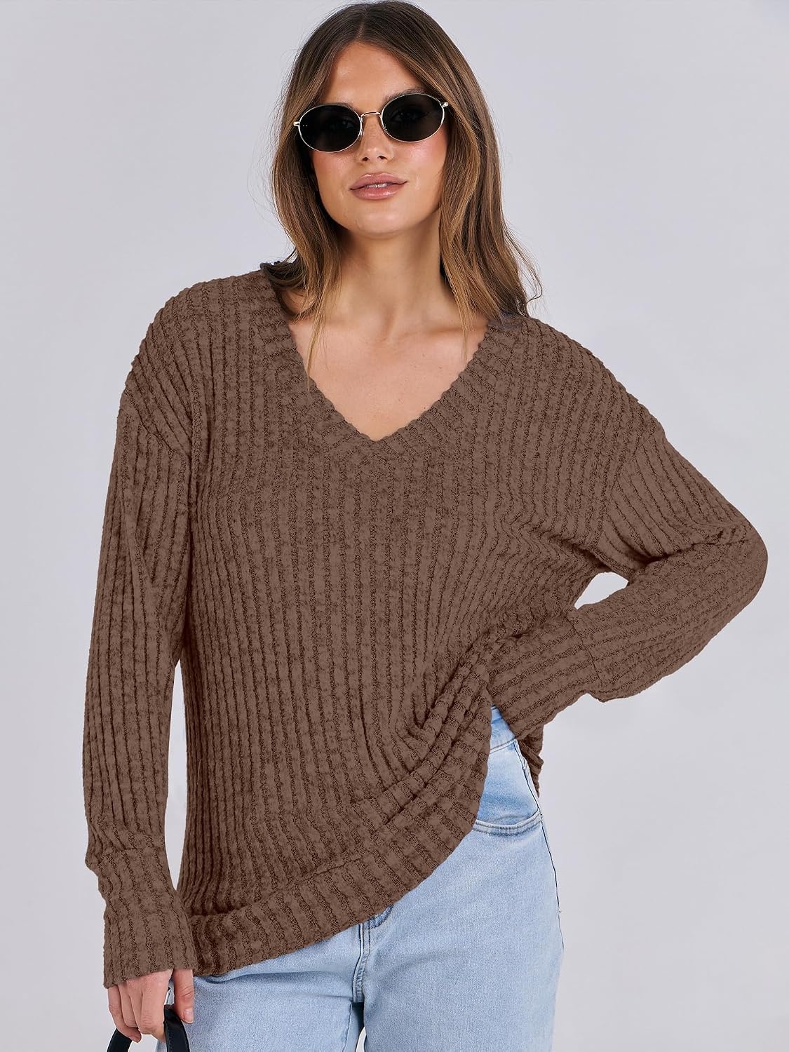 image:imageANRABESS Ribbed V Neck Long Sleeve Shirts for WomenDark Brown