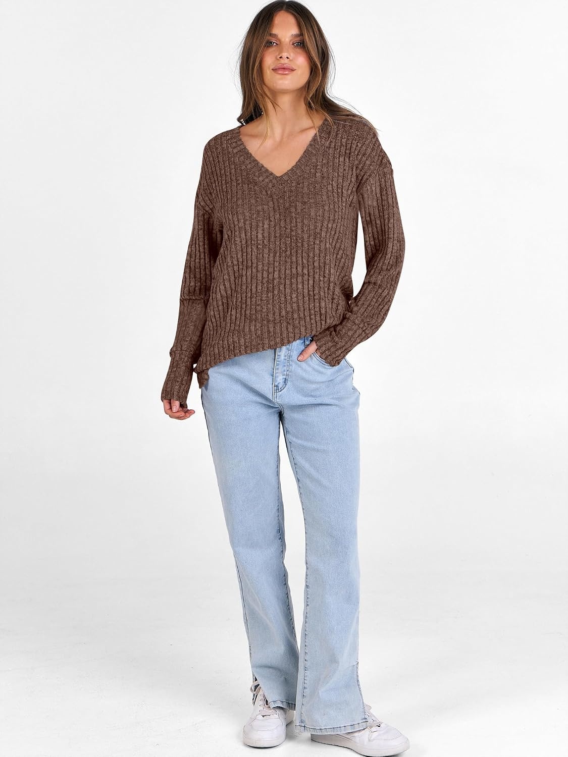 image:imageANRABESS Ribbed V Neck Long Sleeve Shirts for WomenDark Brown