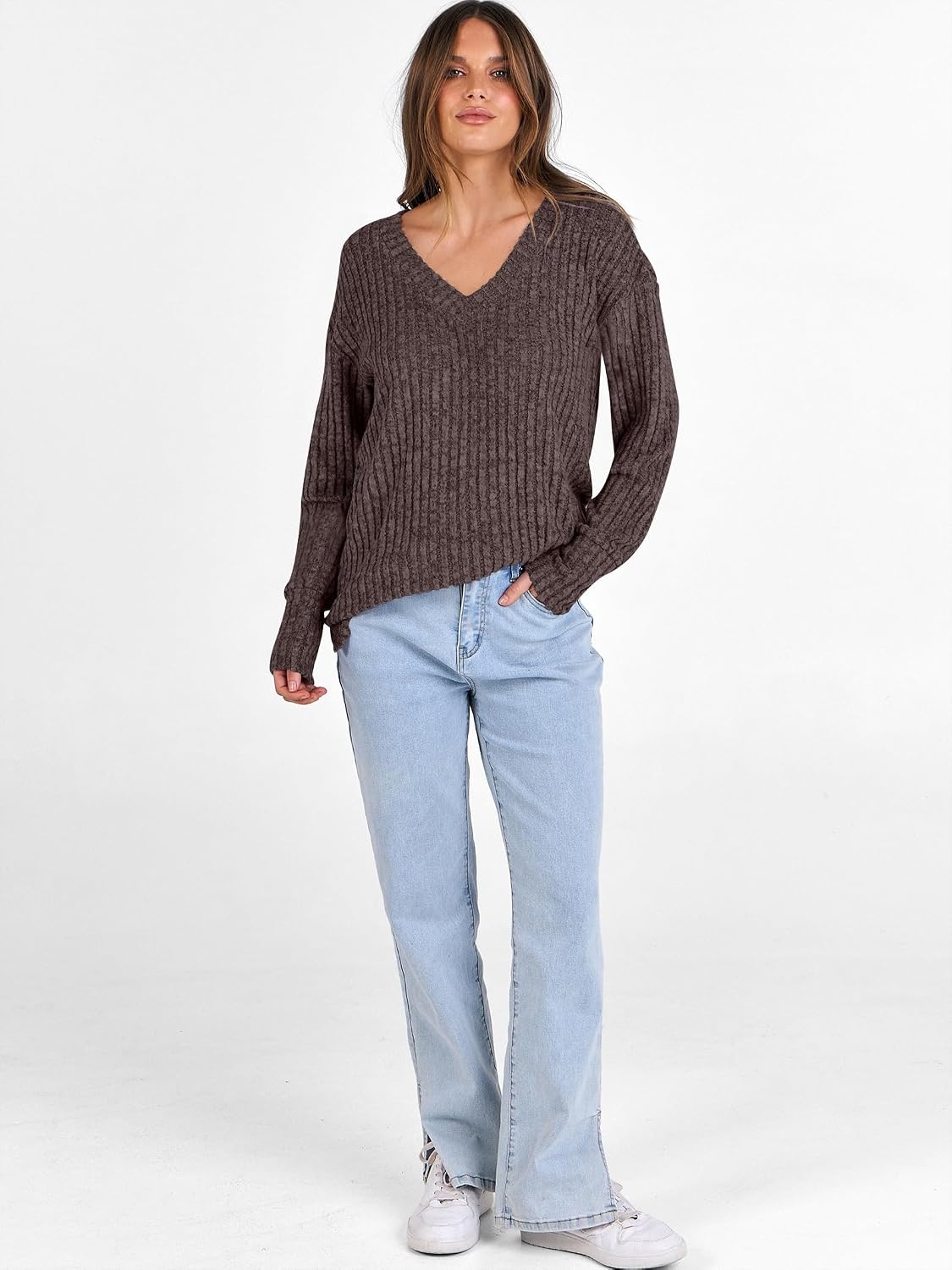 image:imageANRABESS Ribbed V Neck Long Sleeve Shirts for WomenDeep Brown