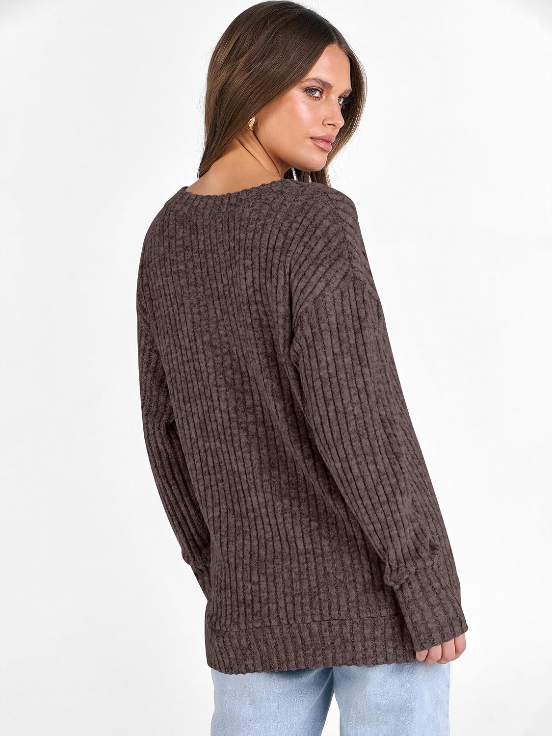 image:imageANRABESS Ribbed V Neck Long Sleeve Shirts for WomenDeep Brown