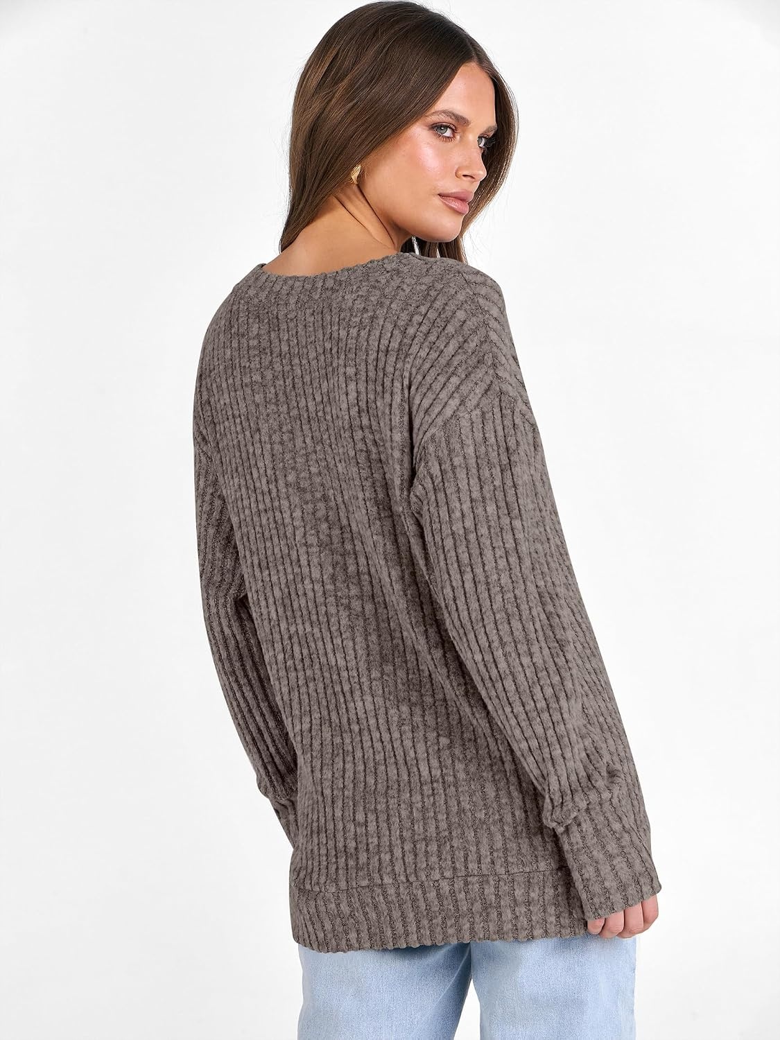 image:imageANRABESS Ribbed V Neck Long Sleeve Shirts for WomenDeep Coffee