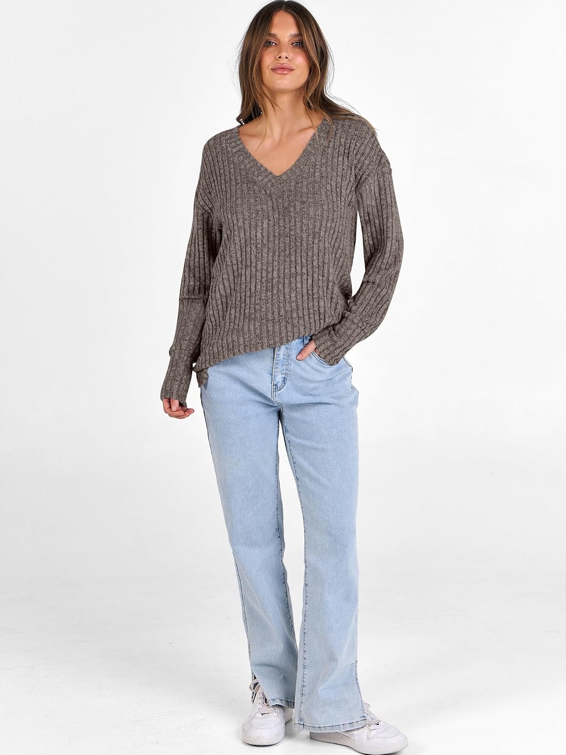 image:imageANRABESS Ribbed V Neck Long Sleeve Shirts for WomenDeep Coffee