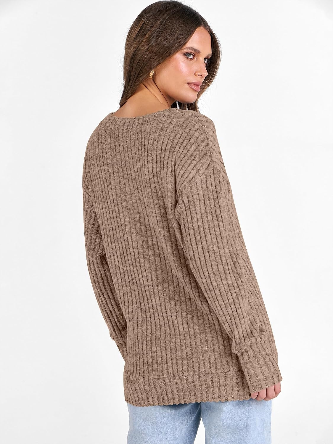 image:imageANRABESS Ribbed V Neck Long Sleeve Shirts for WomenDeep Khaki
