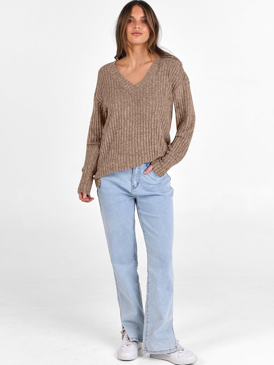 image:imageANRABESS Ribbed V Neck Long Sleeve Shirts for WomenDeep Khaki