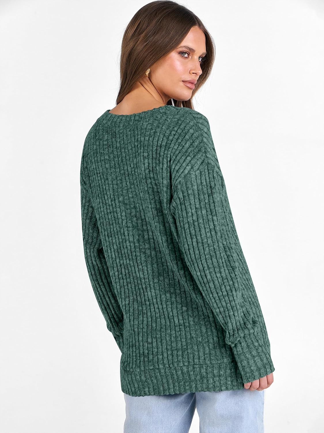 image:imageANRABESS Ribbed V Neck Long Sleeve Shirts for WomenGreen