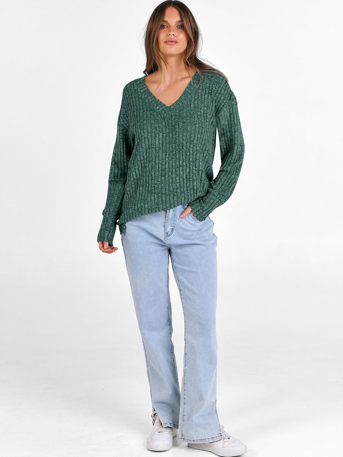 image:imageANRABESS Ribbed V Neck Long Sleeve Shirts for WomenGreen
