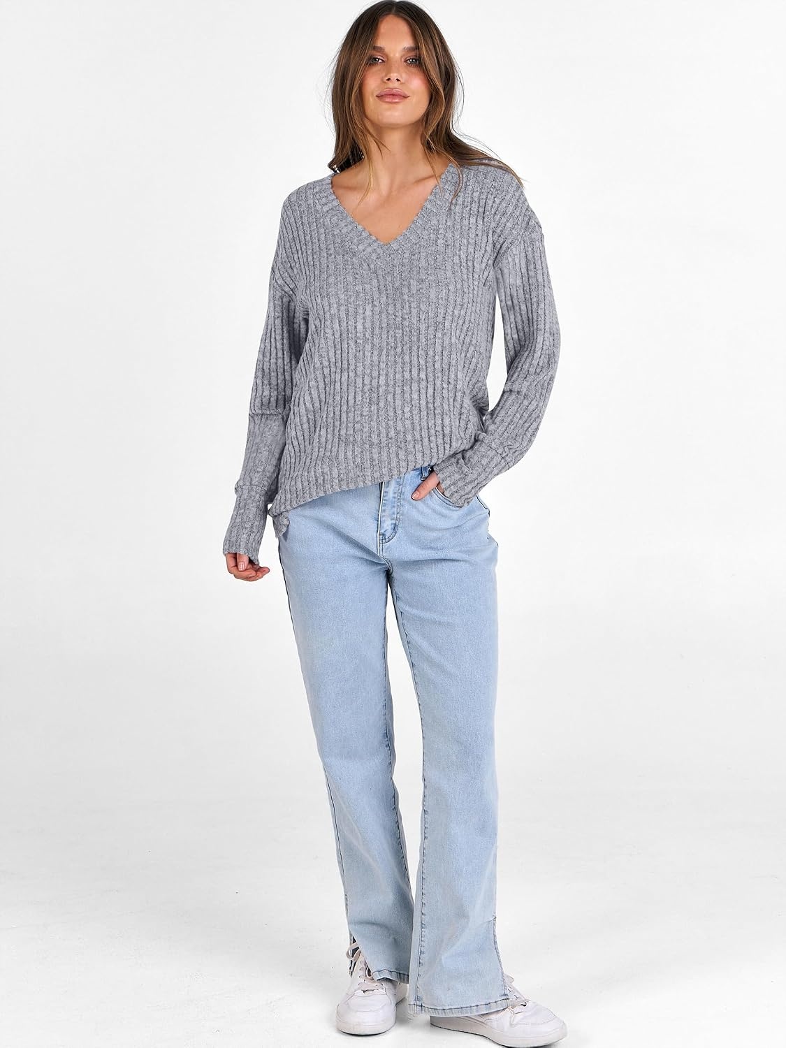image:imageANRABESS Ribbed V Neck Long Sleeve Shirts for WomenGrey