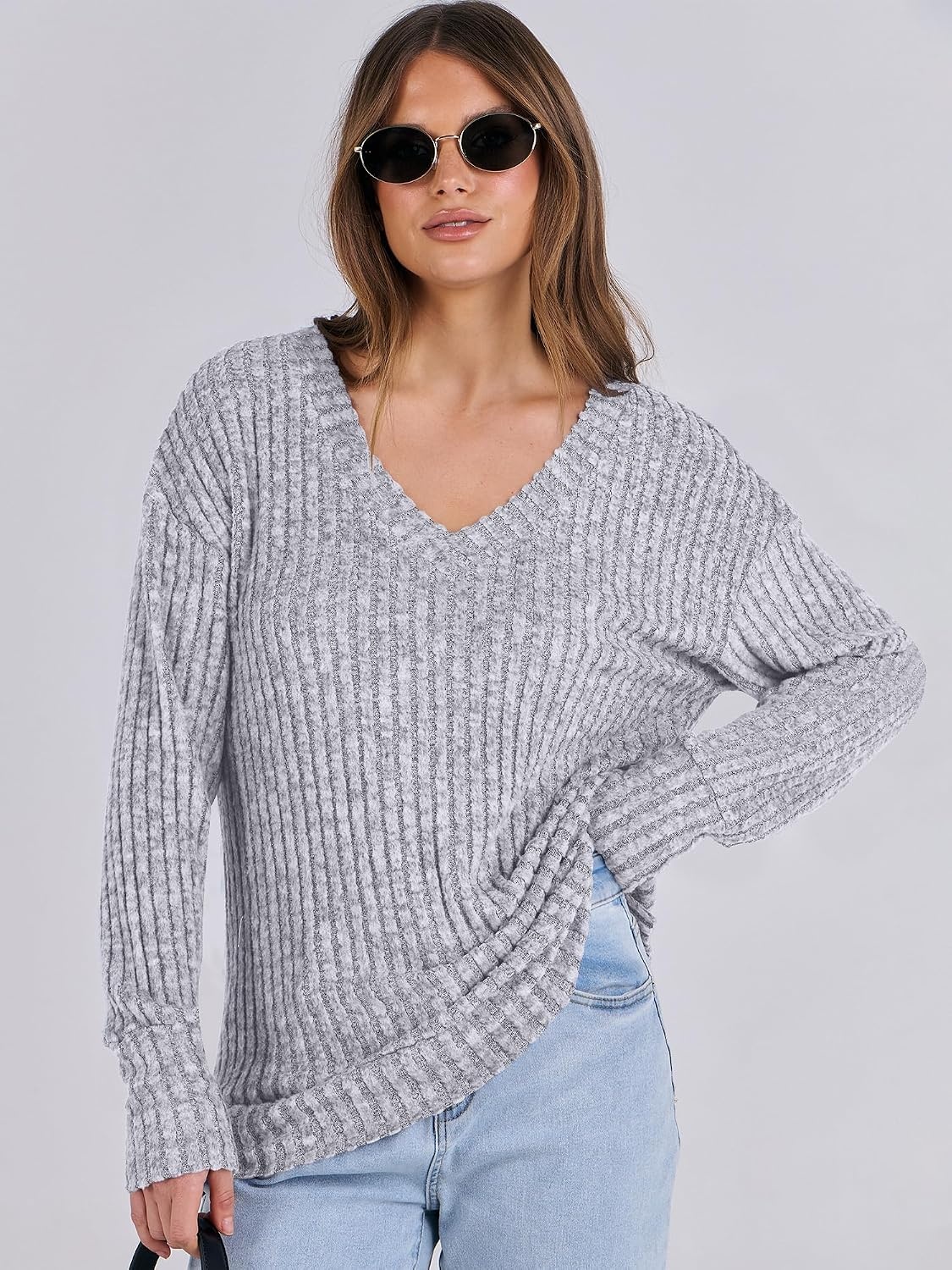 image:imageANRABESS Ribbed V Neck Long Sleeve Shirts for WomenGrey
