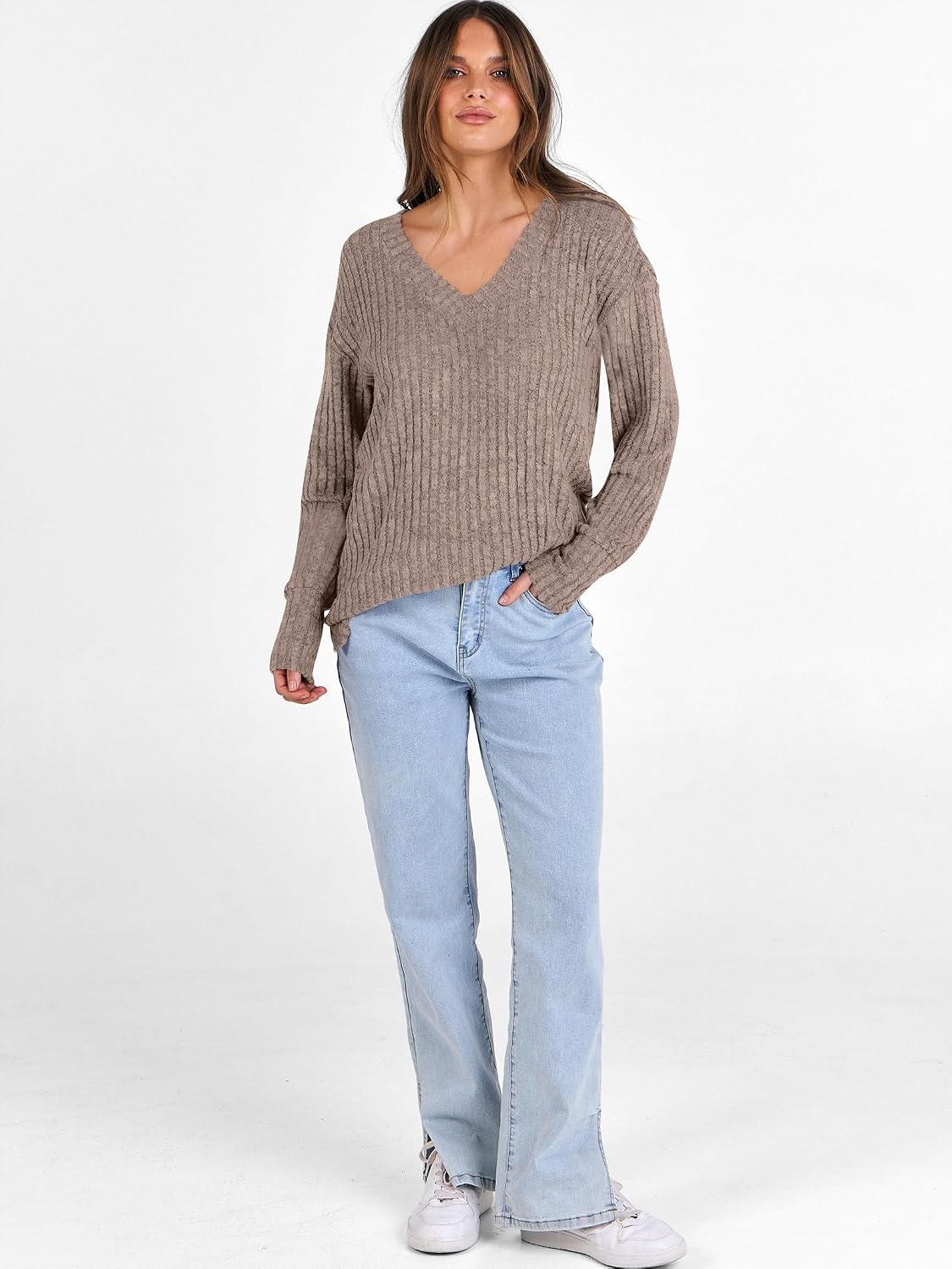 image:imageANRABESS Ribbed V Neck Long Sleeve Shirts for WomenKhaki