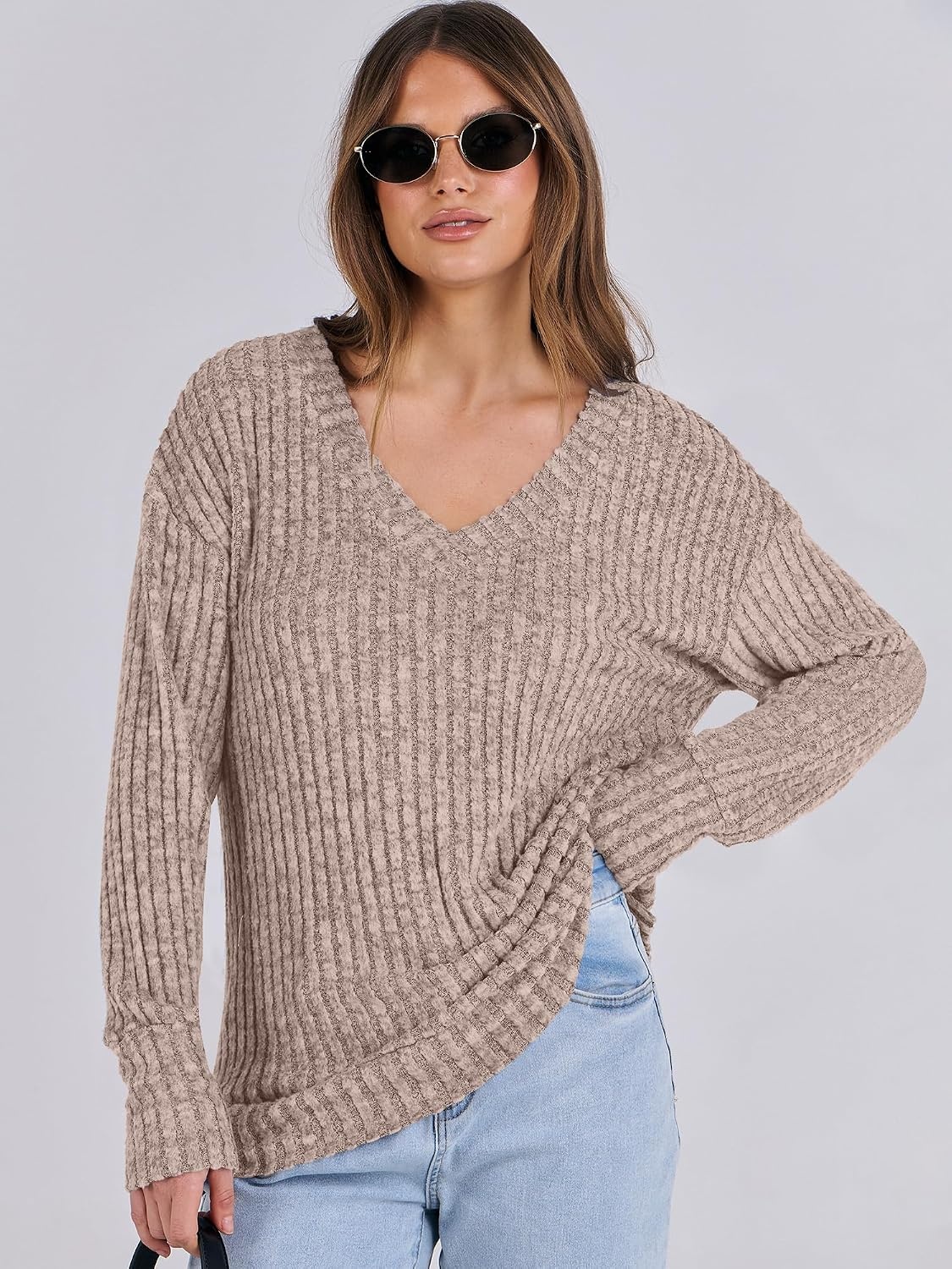 image:imageANRABESS Ribbed V Neck Long Sleeve Shirts for WomenKhaki