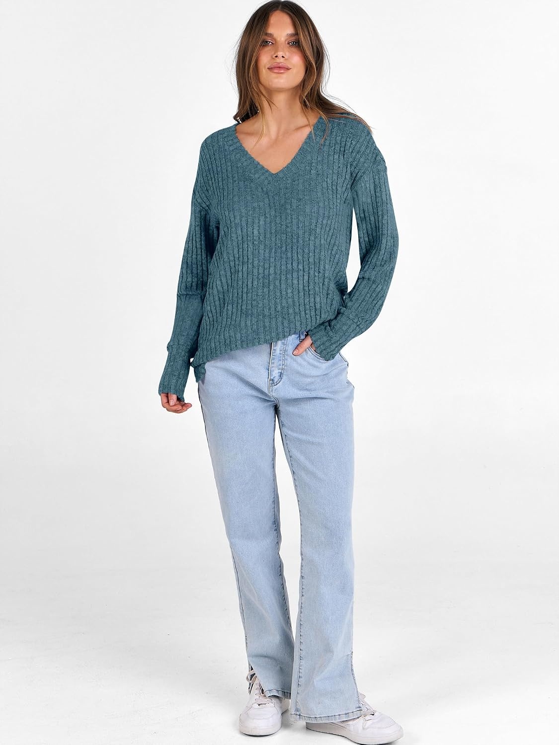 image:imageANRABESS Ribbed V Neck Long Sleeve Shirts for WomenLake Blue