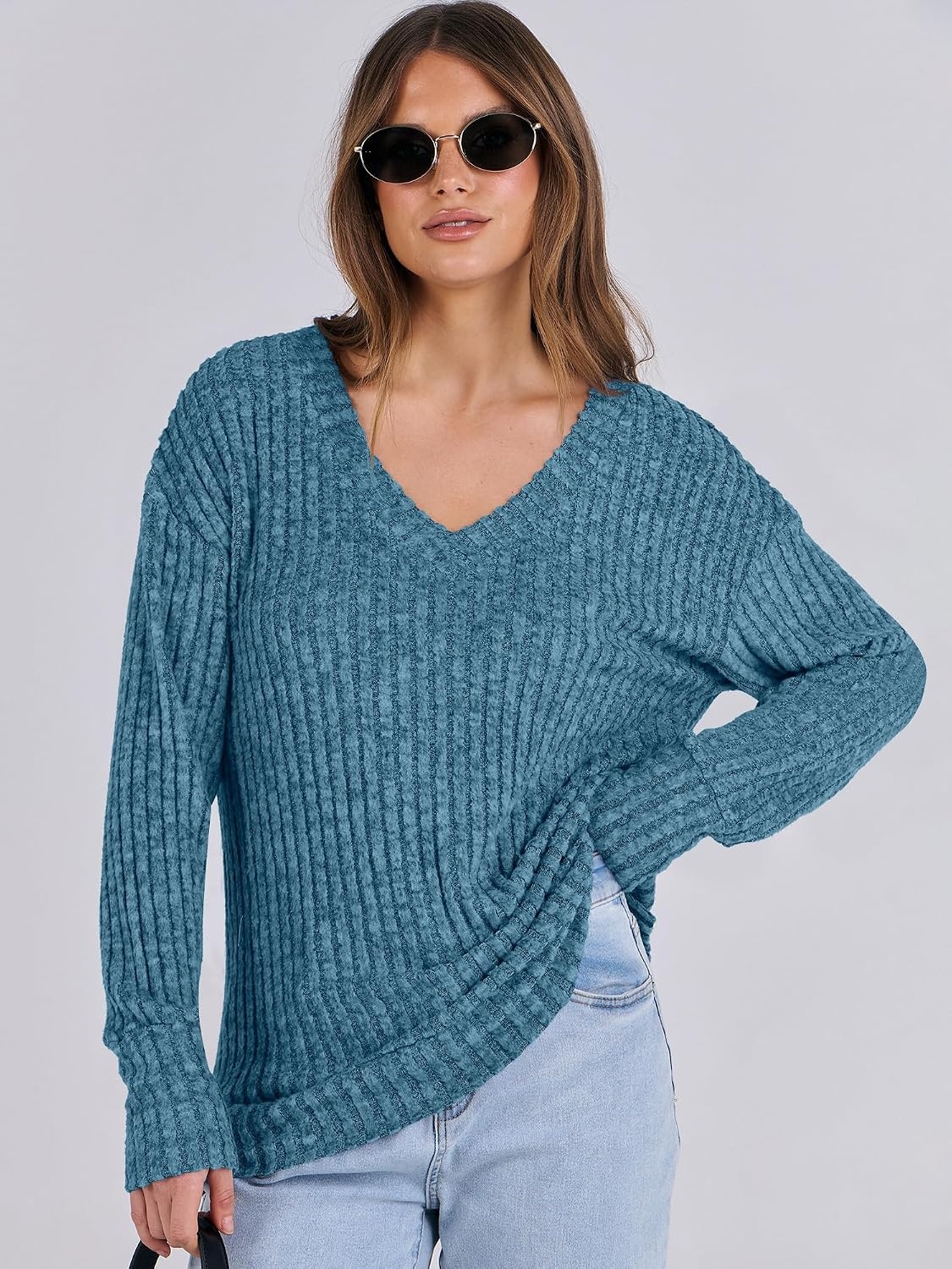 image:imageANRABESS Ribbed V Neck Long Sleeve Shirts for WomenLake Blue