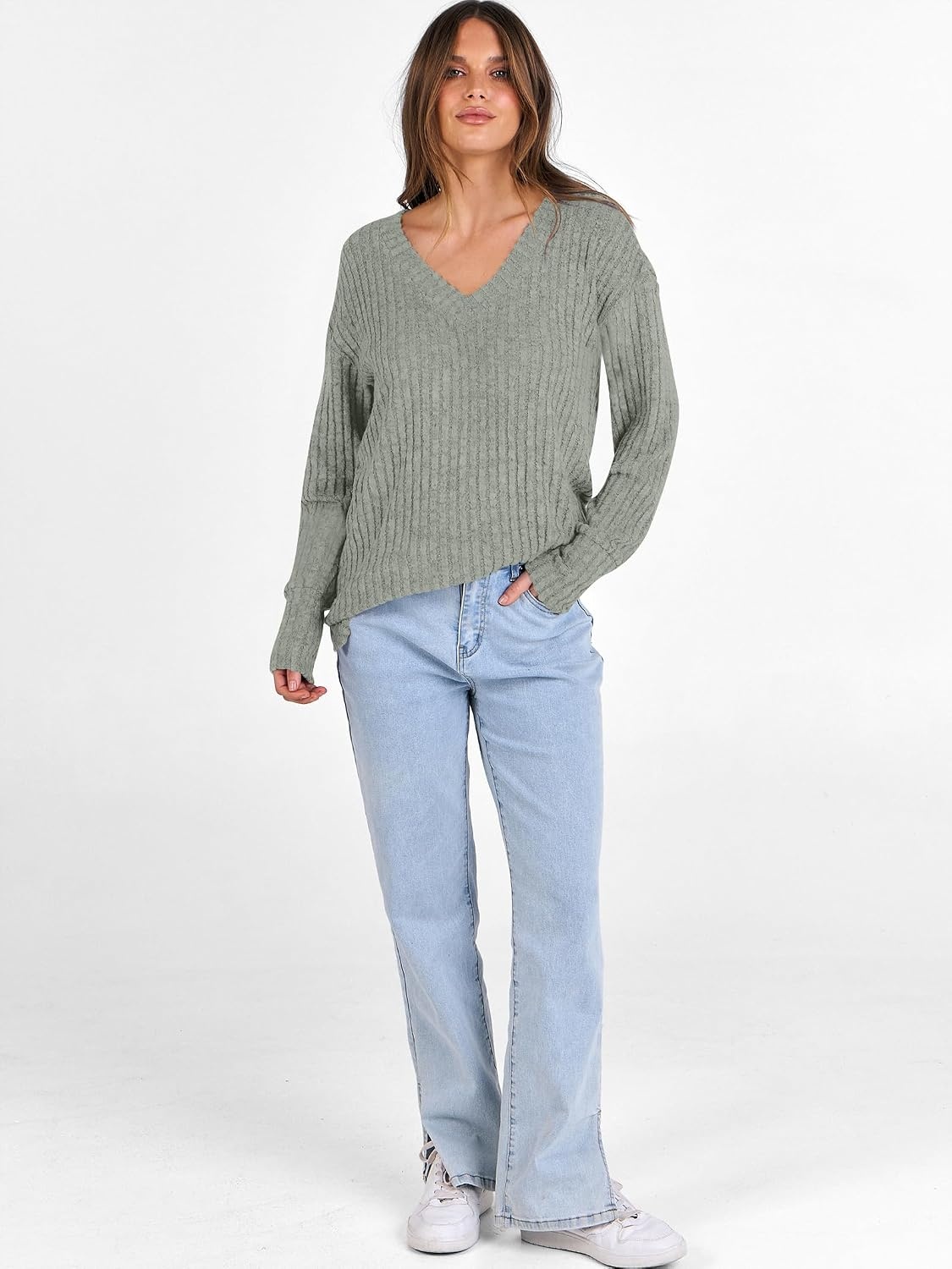 image:imageANRABESS Ribbed V Neck Long Sleeve Shirts for WomenLight Green