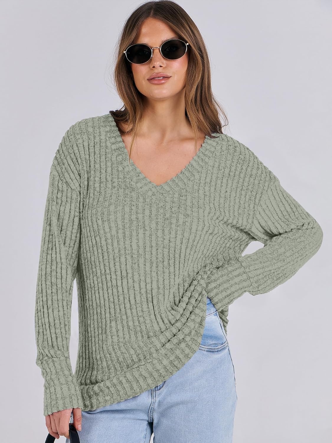 image:imageANRABESS Ribbed V Neck Long Sleeve Shirts for WomenLight Green
