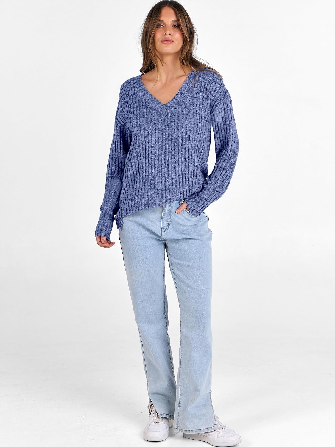 image:imageANRABESS Ribbed V Neck Long Sleeve Shirts for WomenNavy Blue