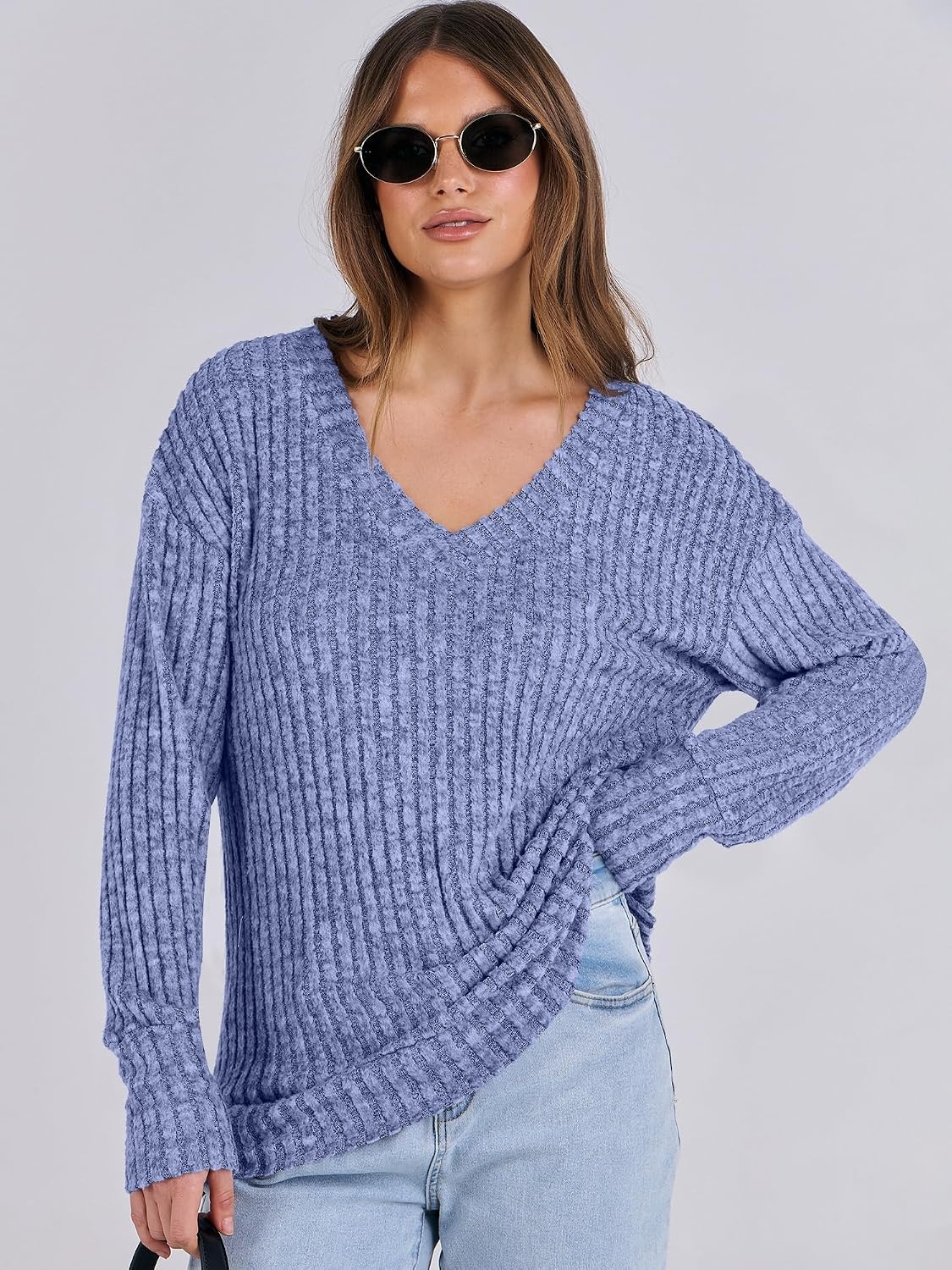 image:imageANRABESS Ribbed V Neck Long Sleeve Shirts for WomenNavy Blue