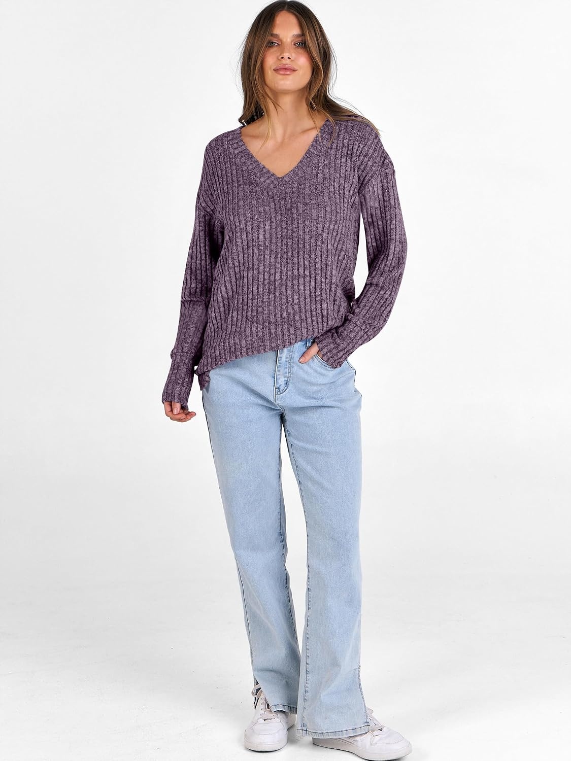 image:imageANRABESS Ribbed V Neck Long Sleeve Shirts for WomenPurple
