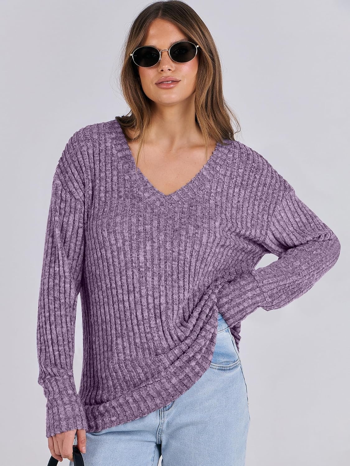 image:imageANRABESS Ribbed V Neck Long Sleeve Shirts for WomenPurple
