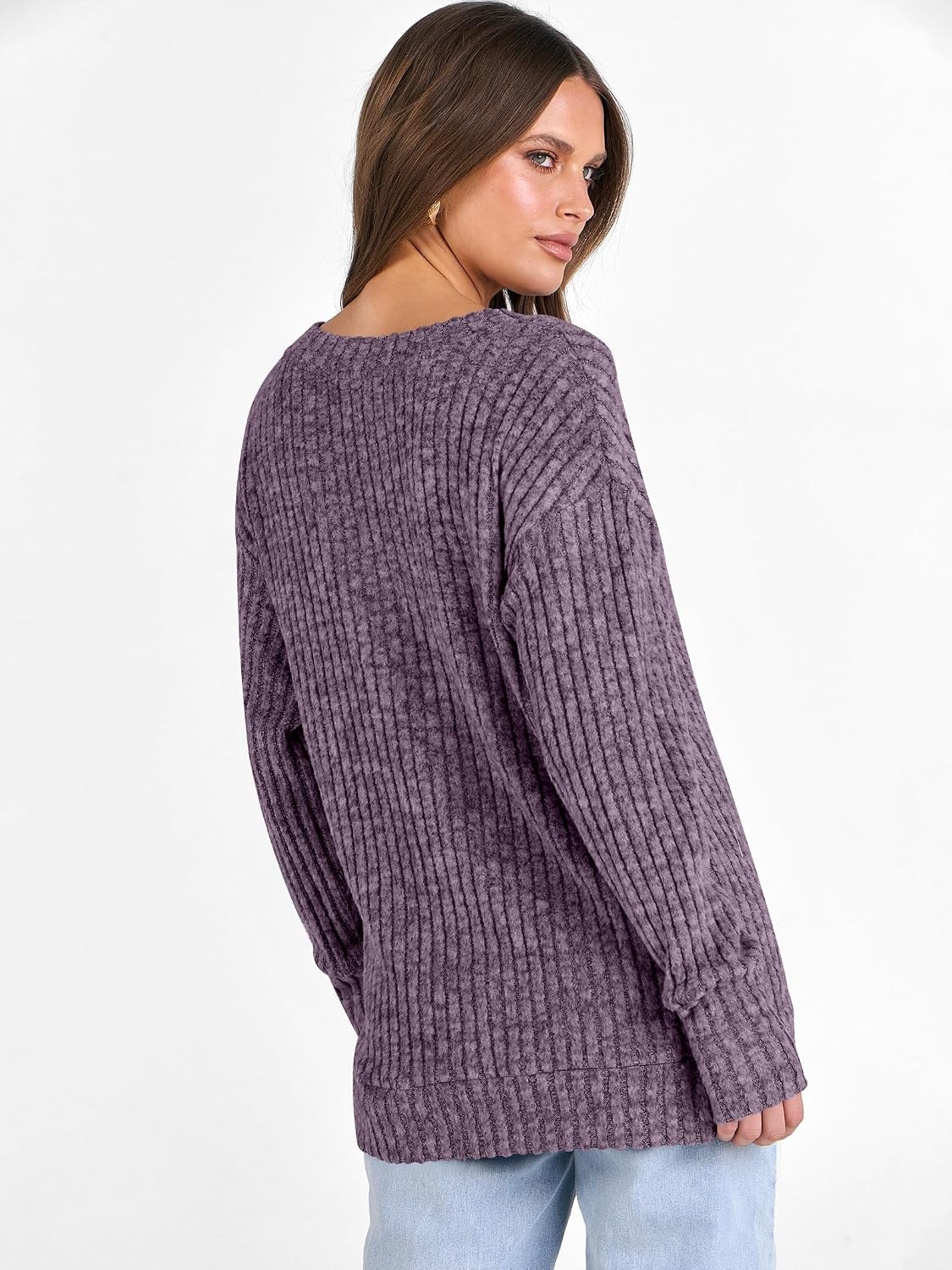 image:imageANRABESS Ribbed V Neck Long Sleeve Shirts for WomenPurple