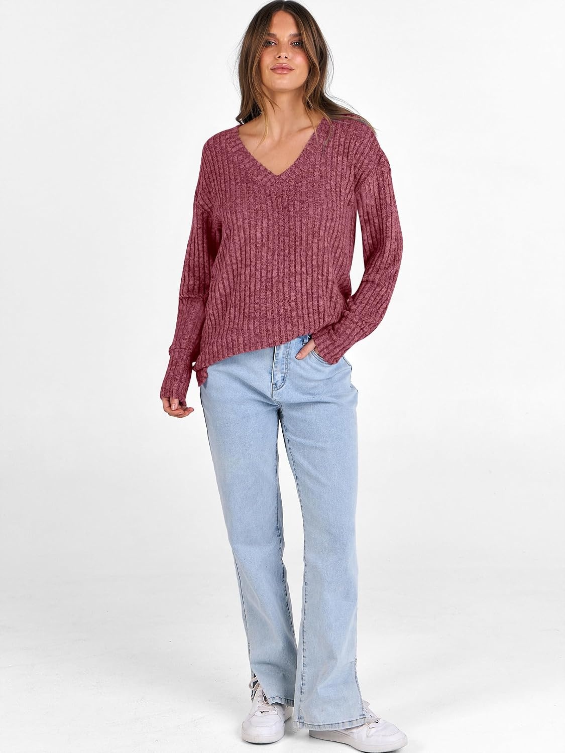 image:imageANRABESS Ribbed V Neck Long Sleeve Shirts for WomenRed